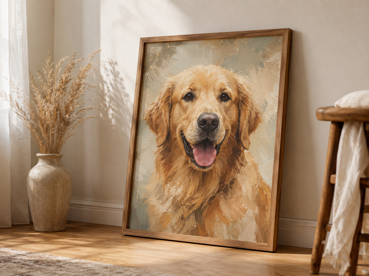 golden retriever leaning against wall in natural wood frame