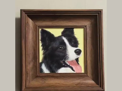 Artist hand-painting a custom border collie portrait from first sketch to framed finish