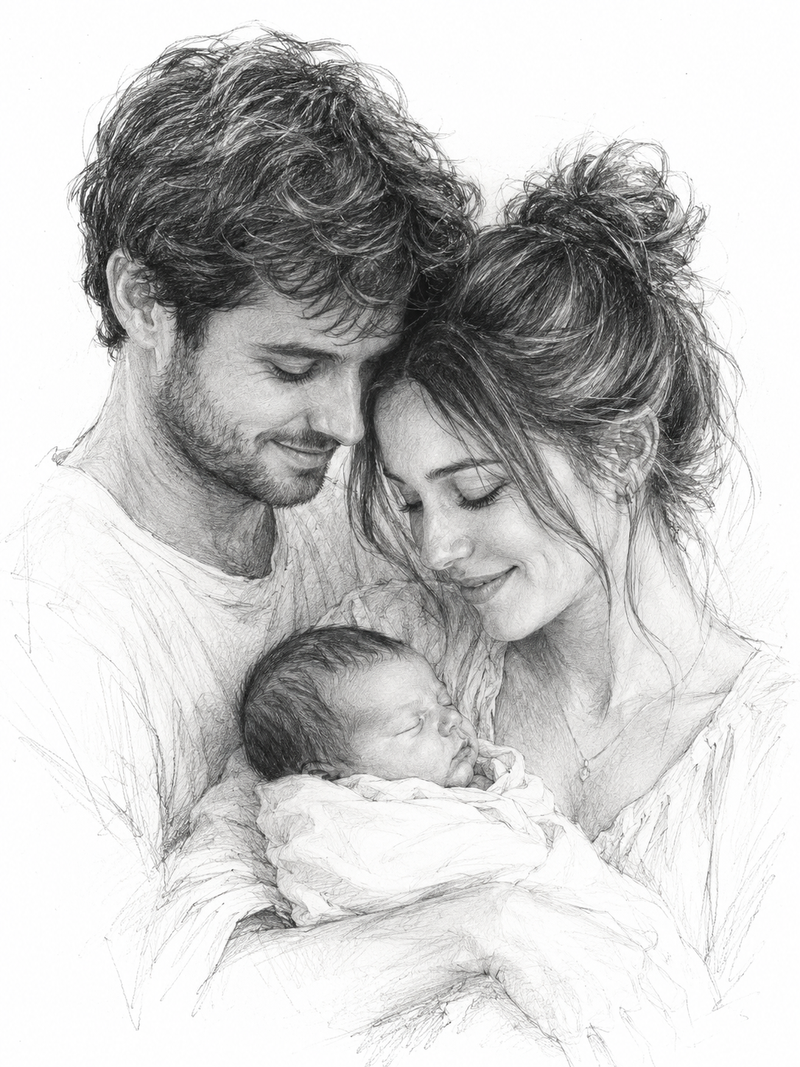 Custom Family Charcoal & Pencil Portrait | Hand-Drawn from Photo