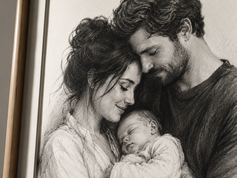 Custom Family Charcoal & Pencil Portrait | Hand-Drawn from Photo