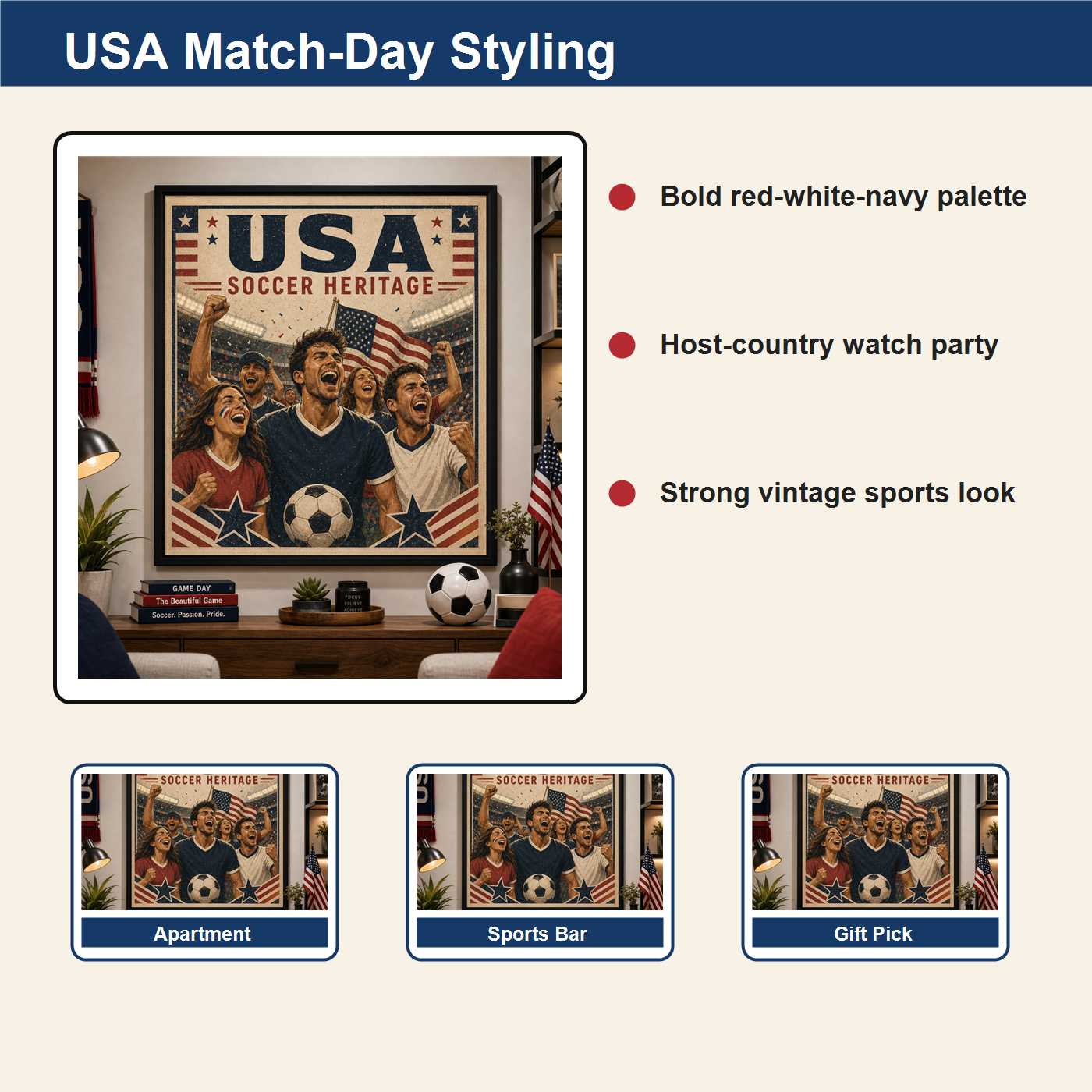 USA match-day styling board for vintage soccer wall art