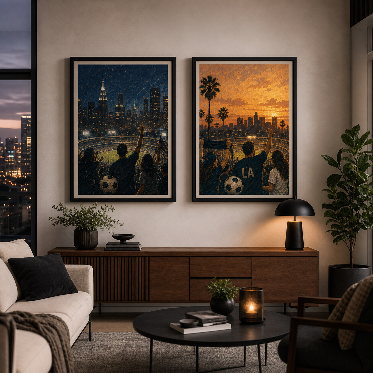 World Cup 2026 city edition wall art featuring New York and Los Angeles framed prints