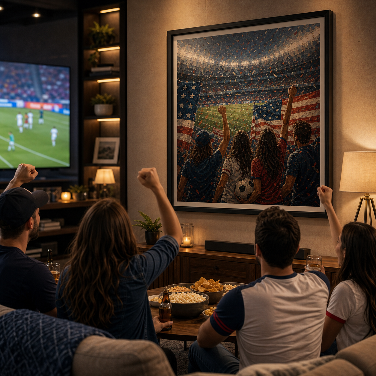 World Cup 2026 country edition wall art styled in a USA home watch party room