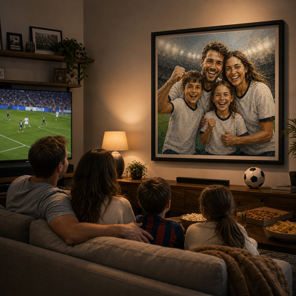 Family room World Cup inspired custom wall art in warm home match-night space