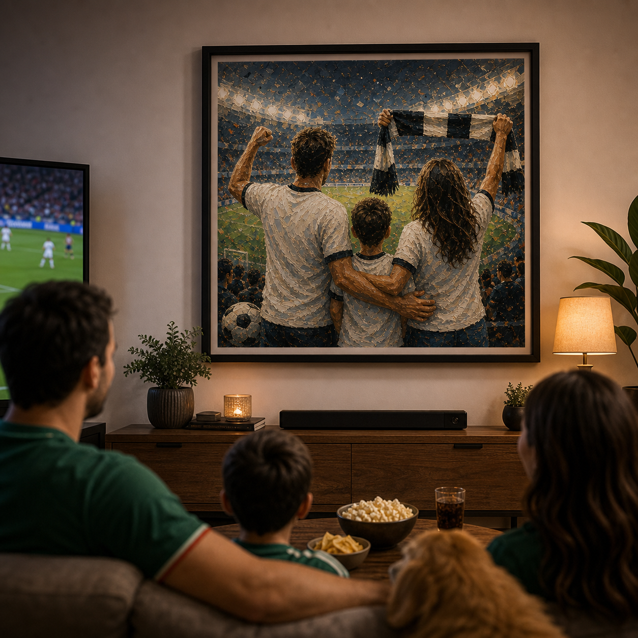 Family room personalized soccer watch-party print with realistic home gathering