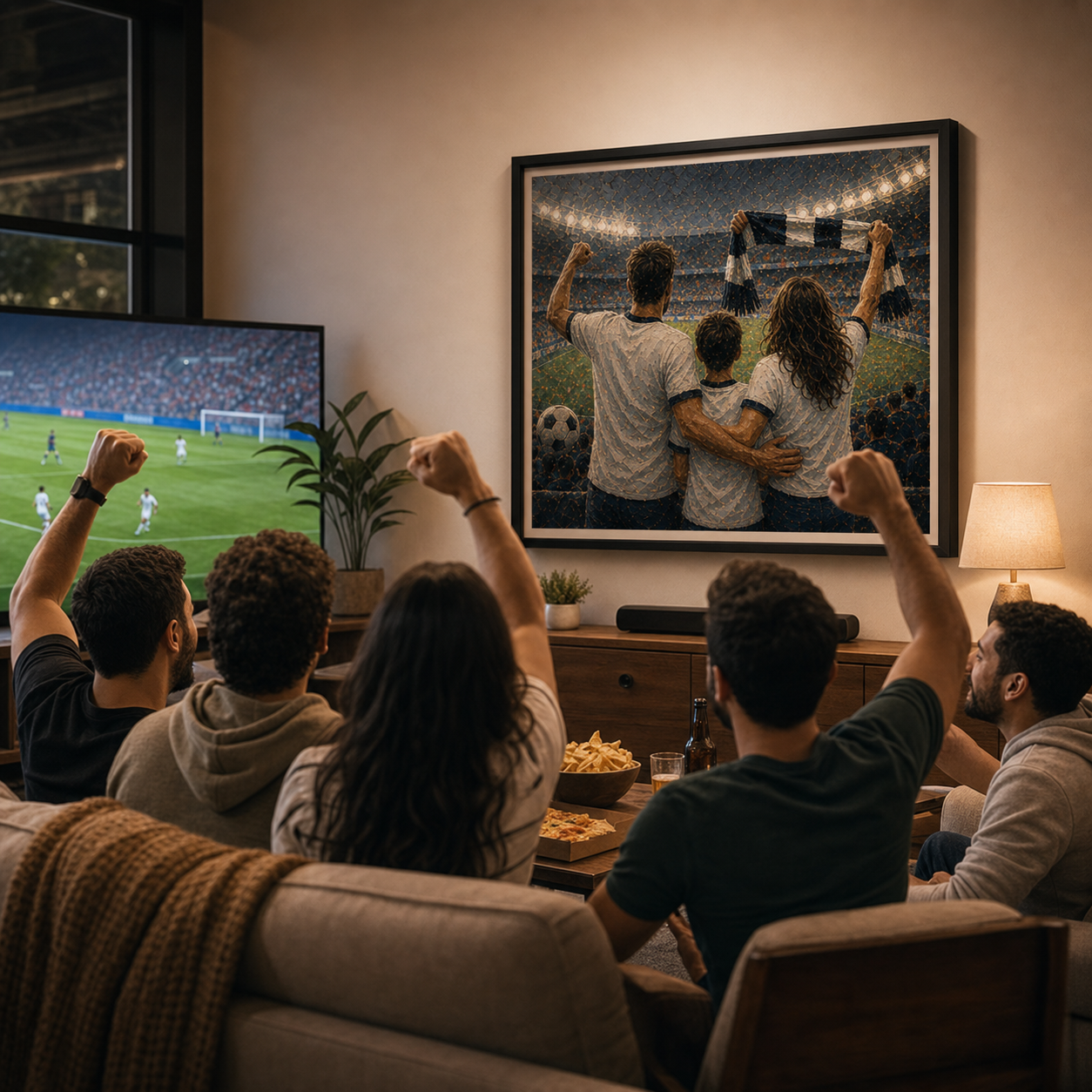 Living room World Cup watch party wall art from photo with realistic home gathering