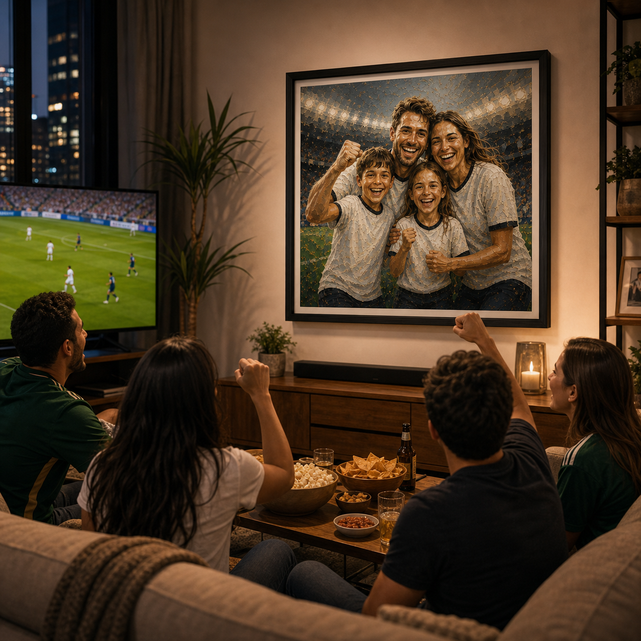 Living room World Cup inspired custom print for apartment match night decor