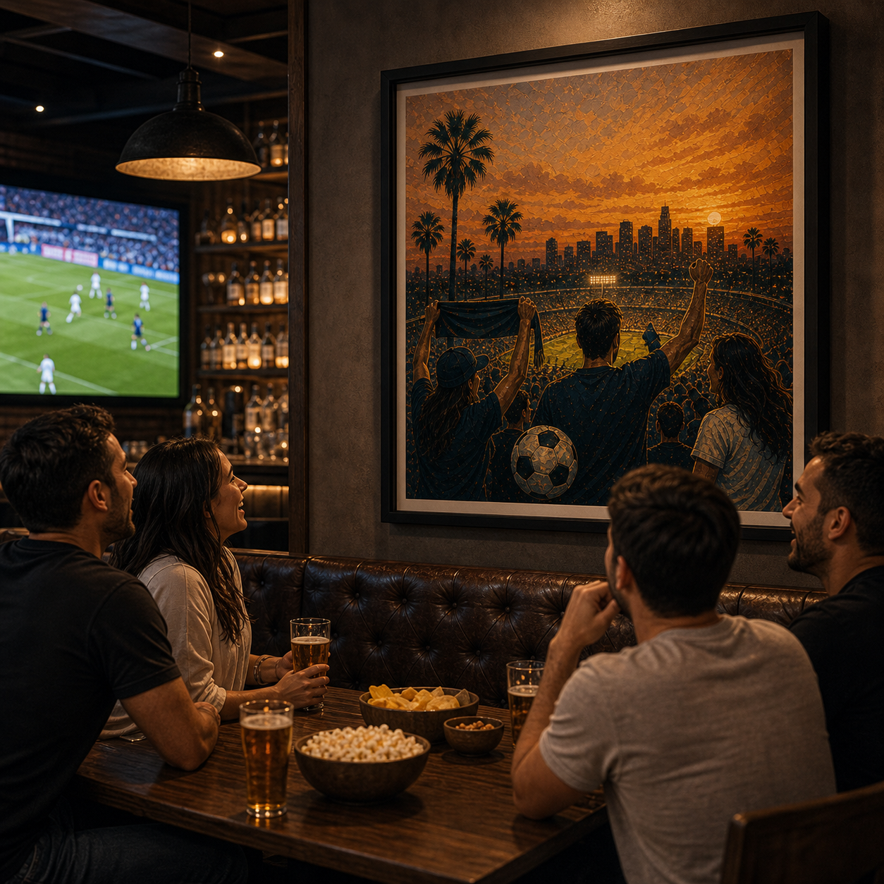 Sports bar World Cup inspired custom print in realistic match-night lounge